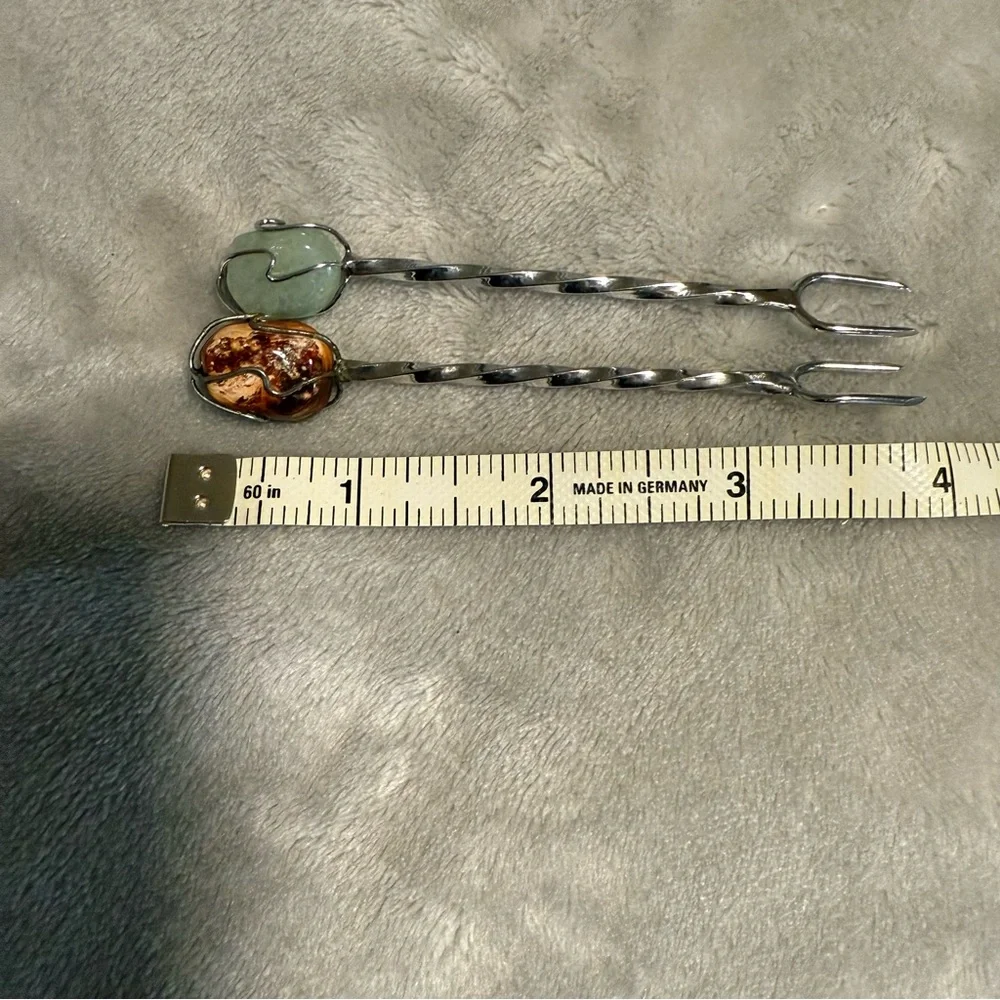Set of 2 Vintage Stone And‎ Silver Cocktail/Hors D'Oeuvre Forks Mid Century